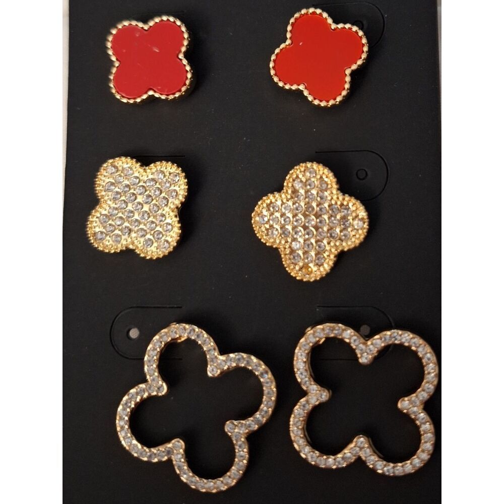NWT Noir Set of 3 Fashion Earrings Gold Black And Red With Rhinestones